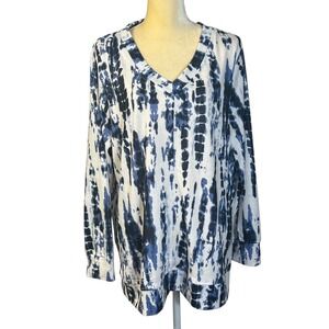 Ellen Tracy XX Large Tie Dye V Neck Long Sleeve Pullover Top Navy /White Pockets